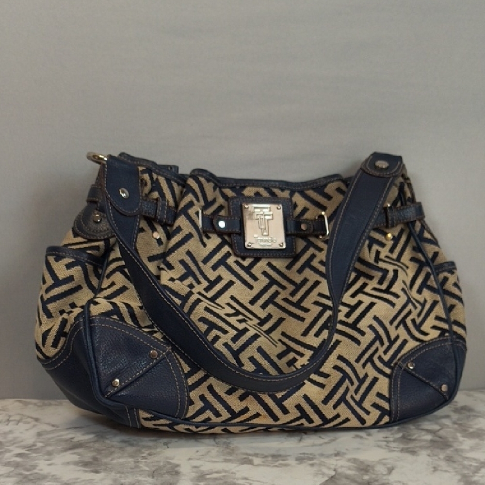 Tignanello Signature Jacquard/Blue leather trim handbag geometric pattern Purse